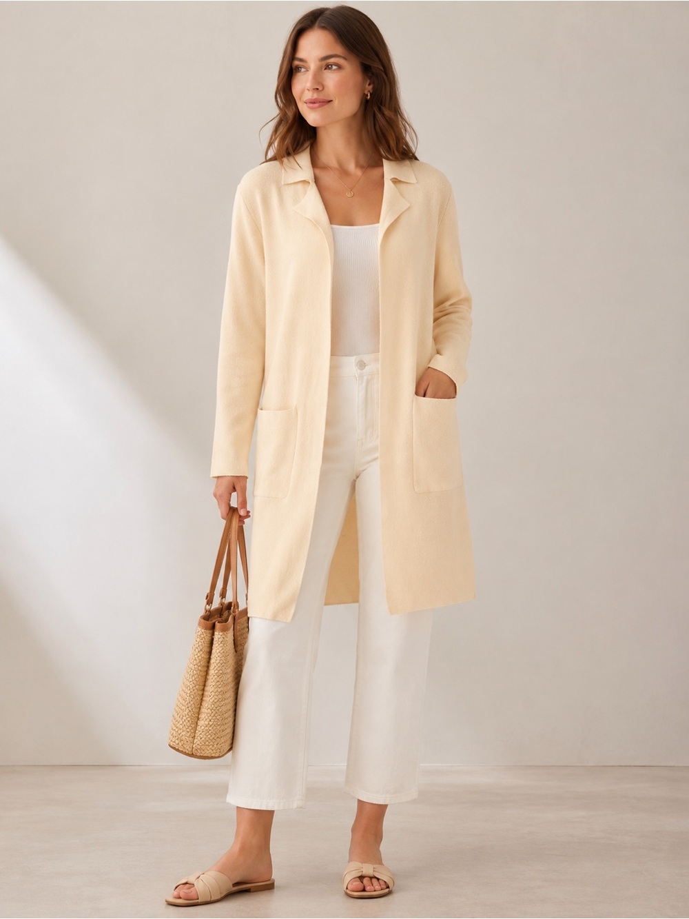 DÉLUC Cream Open Front Longline Cardigan Sweater Coat Size 5